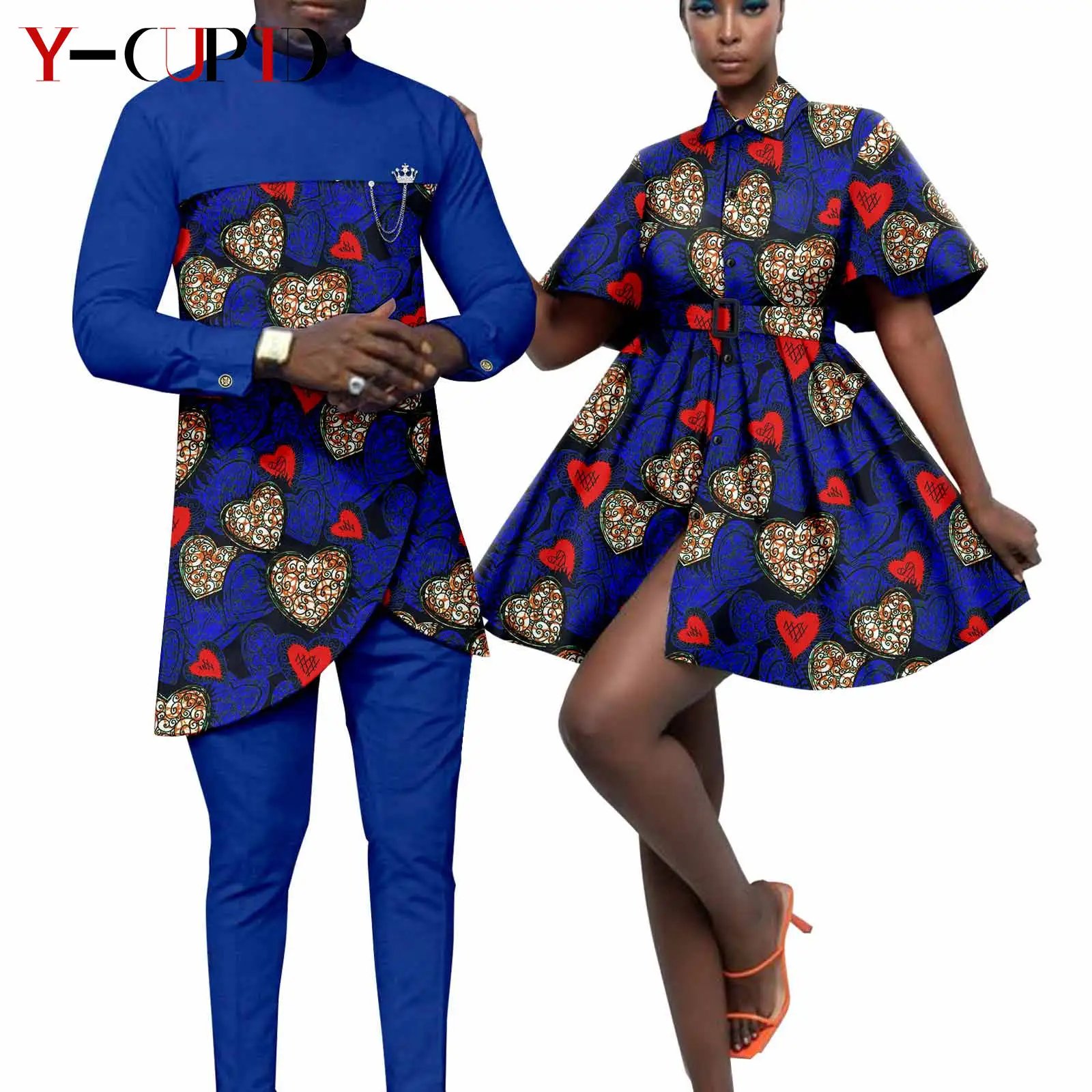 African Couple Matching Clothes Dashiki Men Outfits Irregularly Top and Pant Sets Bazin Women Print Dress Long Shirts Y23C093