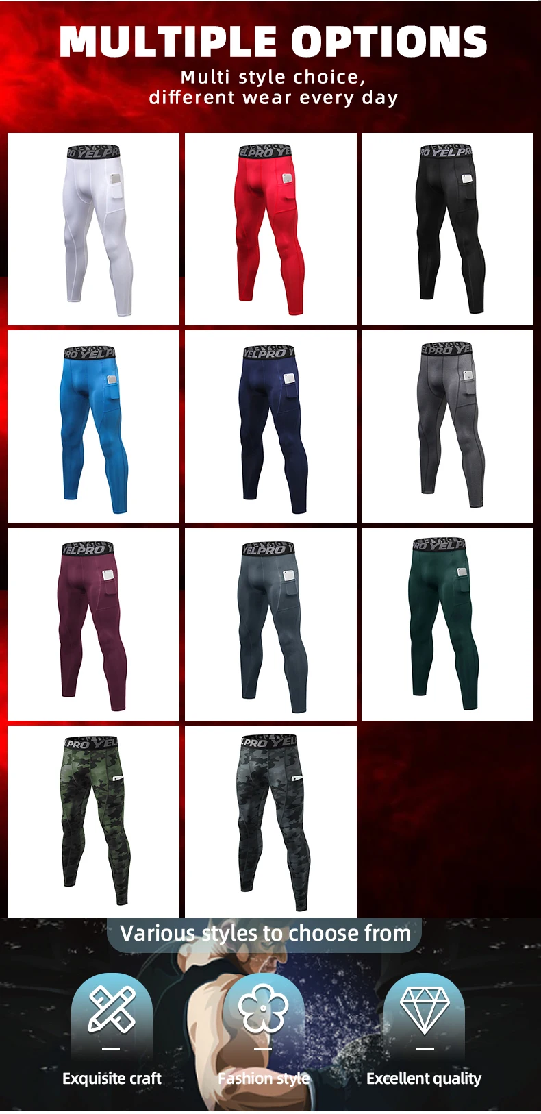 Description Picture 5 of itemMen Polyester Four Way Stretch Basketball Training Leggings Moisture Wicking Fitness Compression Jogging Yoga Pant with Pocket