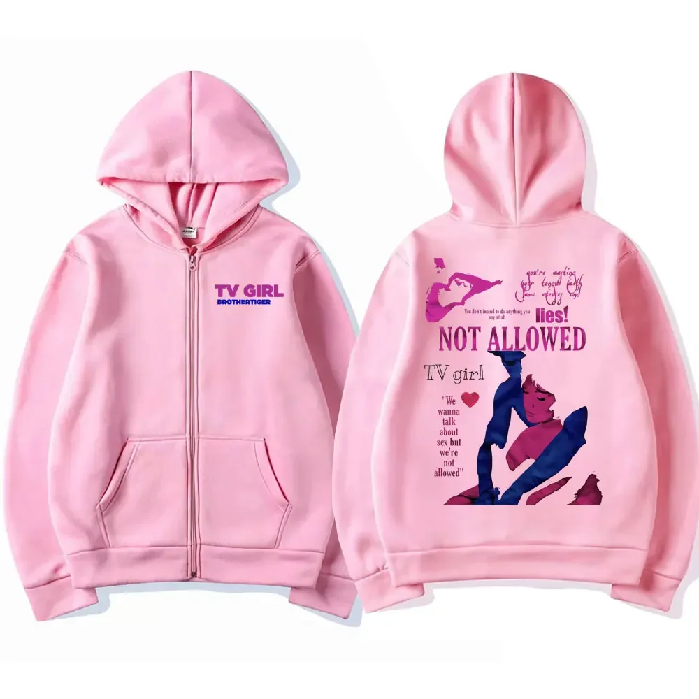 Tv Girl Fashion Black Zipper Hoodie Unisex Fleece Zip Up Jacket Sweatshirt Men Women Casual Oversized Hoodies Coats Streetwear