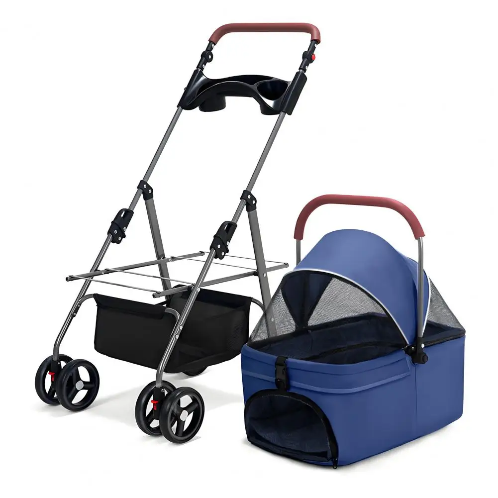2 in 1 Stroller Dog Box Transport Foldable Cat Stroller, 360&deg; Wear-resistant Rubber Wheels, with Storage Basket