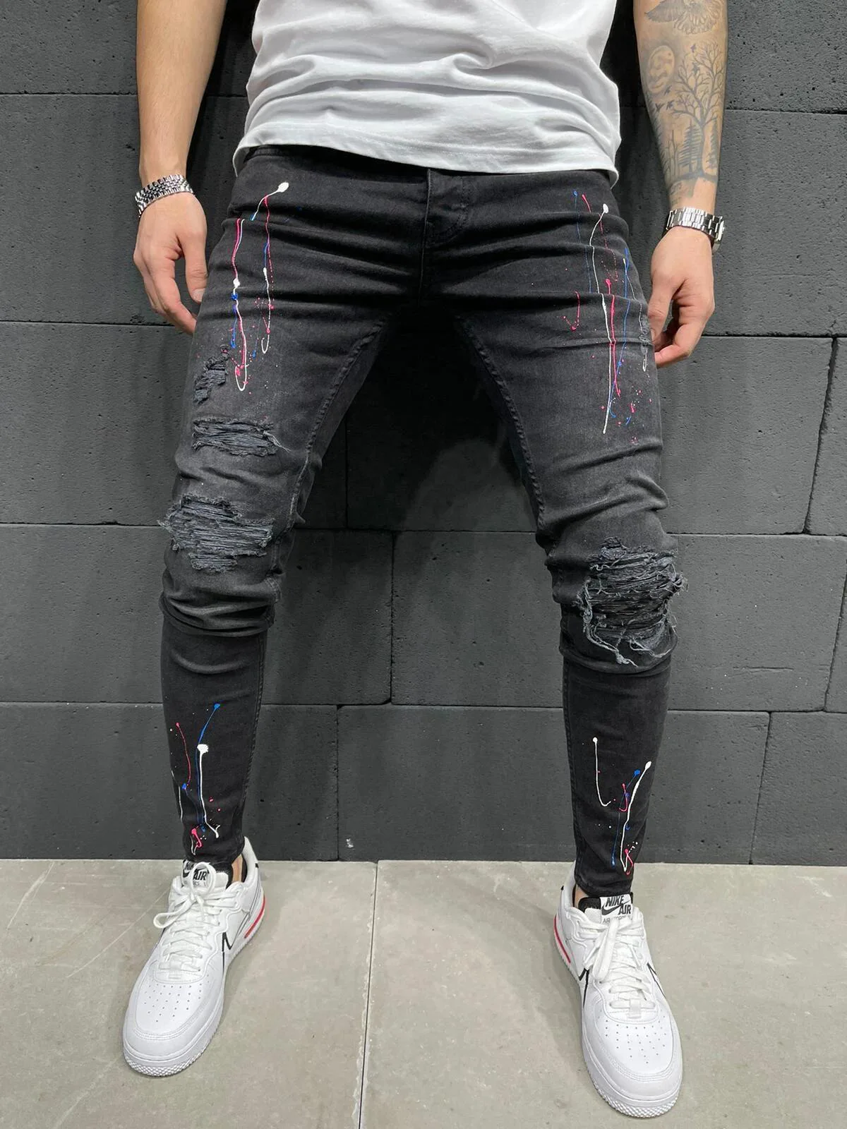 Men Spliced Pencil Pants Denim Ankle Length Jeans Print Pockets Streetwear Mid Waist Washed Distressed Ripped Skinny Vintage