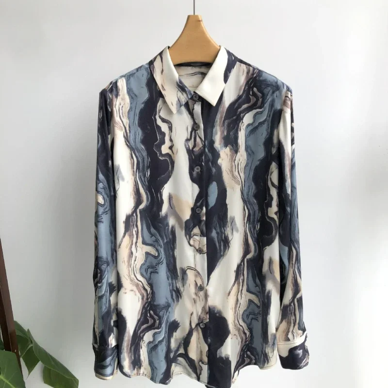 

Early Autumn New Retro Ink Printed Silk Double Satin Long-sleeved Shirt for Women