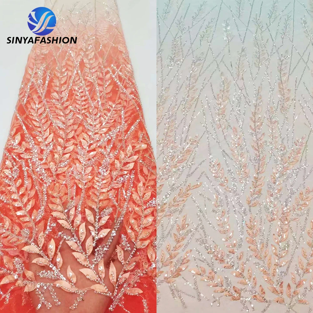 

Sinya Gradient Color African Nigerian 3D Flower French Tulle Lace Fabric High Quality Sequins Luxury Beaded Lace Fabric Bridal