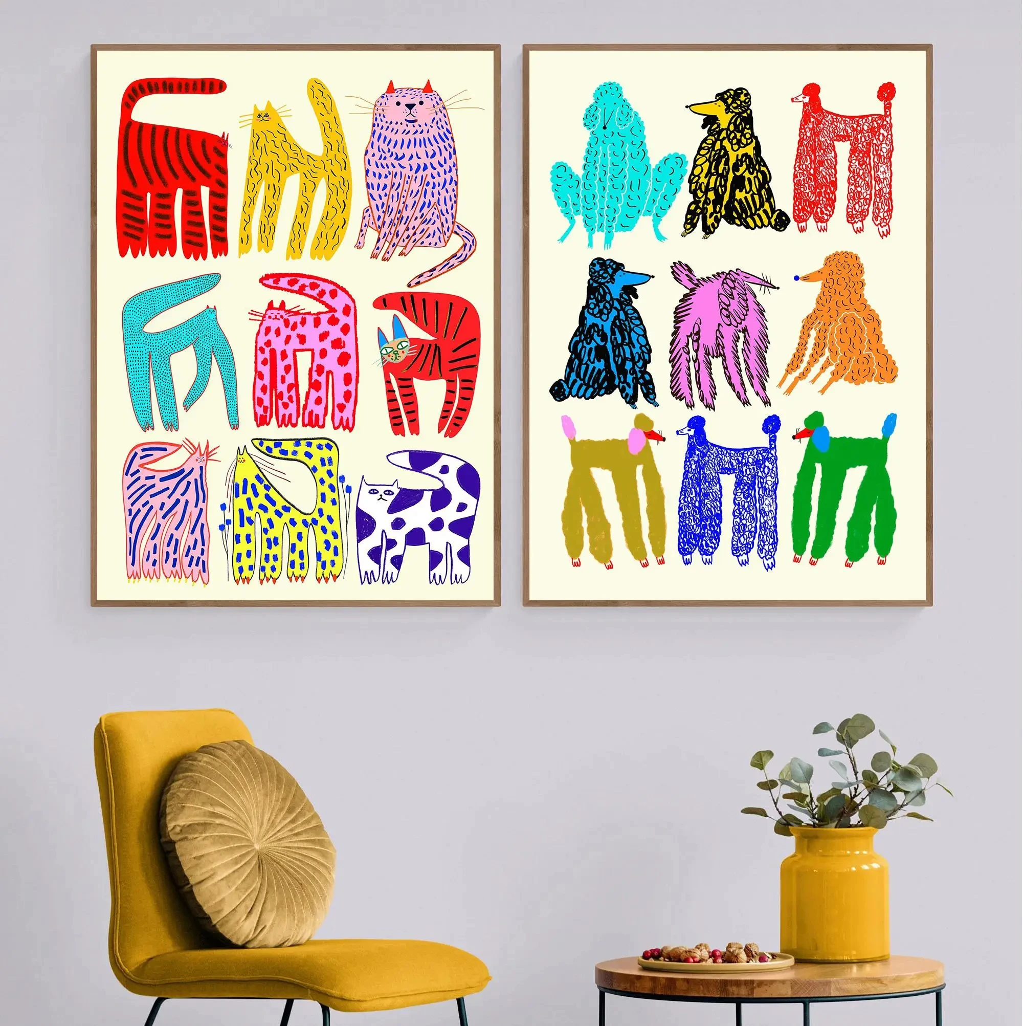 A collection of colorful abstract cartoon cat and dog poster prints on canvas for wall decor.