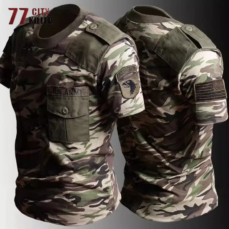 

Outdoor Vintage Tactical Cargo T-shirts Mens Summer Cotton Breathable Military Combat O Neck Camouflage Short Sleeve Tees Male