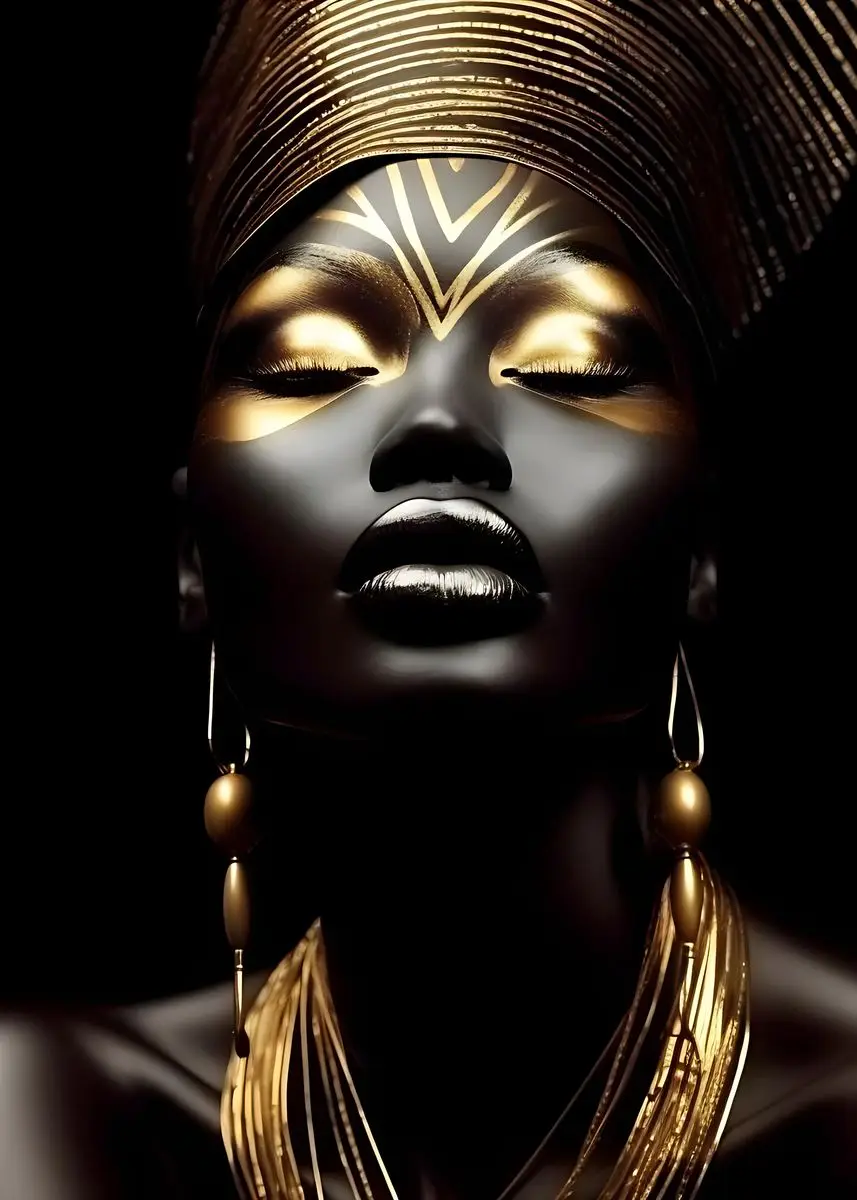 Elegant African Black and Gold Woman Portrait Canvas Art for Modern Living Room Decor