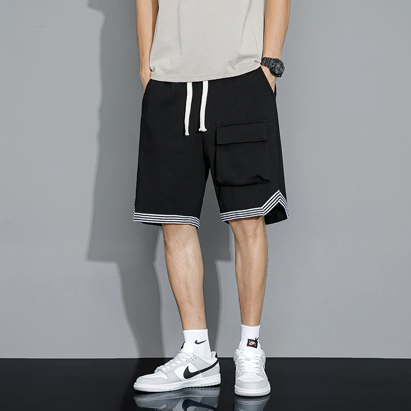 Safari Style Drawstring Loose Casual Shorts Men's Clothing Striped Spliced Pockets Summer Youthful Vitality Straight Knee Pants