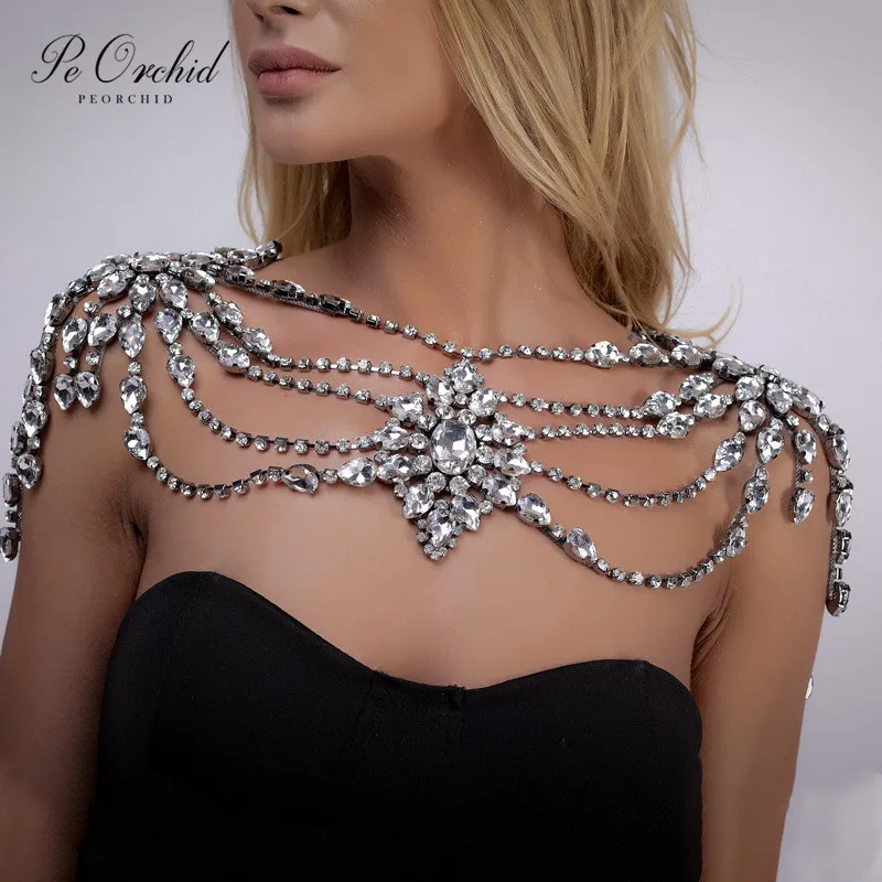 

PEORCHID Crystal Bridal Shoulder Necklace Sexy Porm Body Necklace Bead Shawl Wraps Accessories For Women Body Chains Jewelry