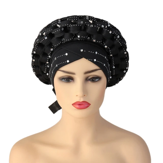 Inlaid with Diamonds African Pattern Pre-Tied Bonnet Turban Knot Cap Headwrap Hat Auto Gele Robe Africaine Aso Oke Ready To Wear Cap057