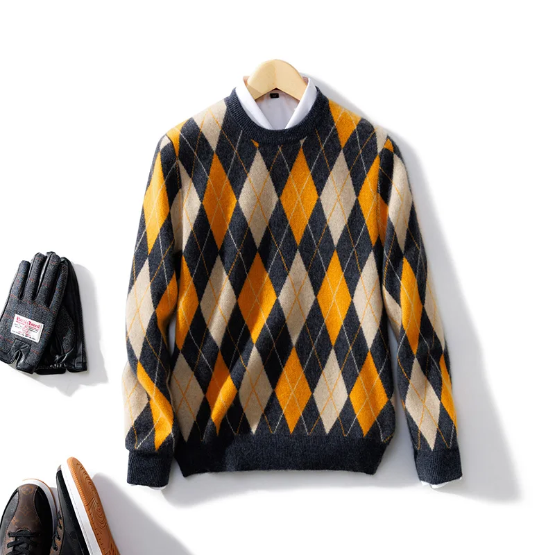 Pure Wool Cashmere Men's O-neck Pullover Autumn And Winter Color Matching Top Casual Thick Fashion Large Size Jacket basic sweater