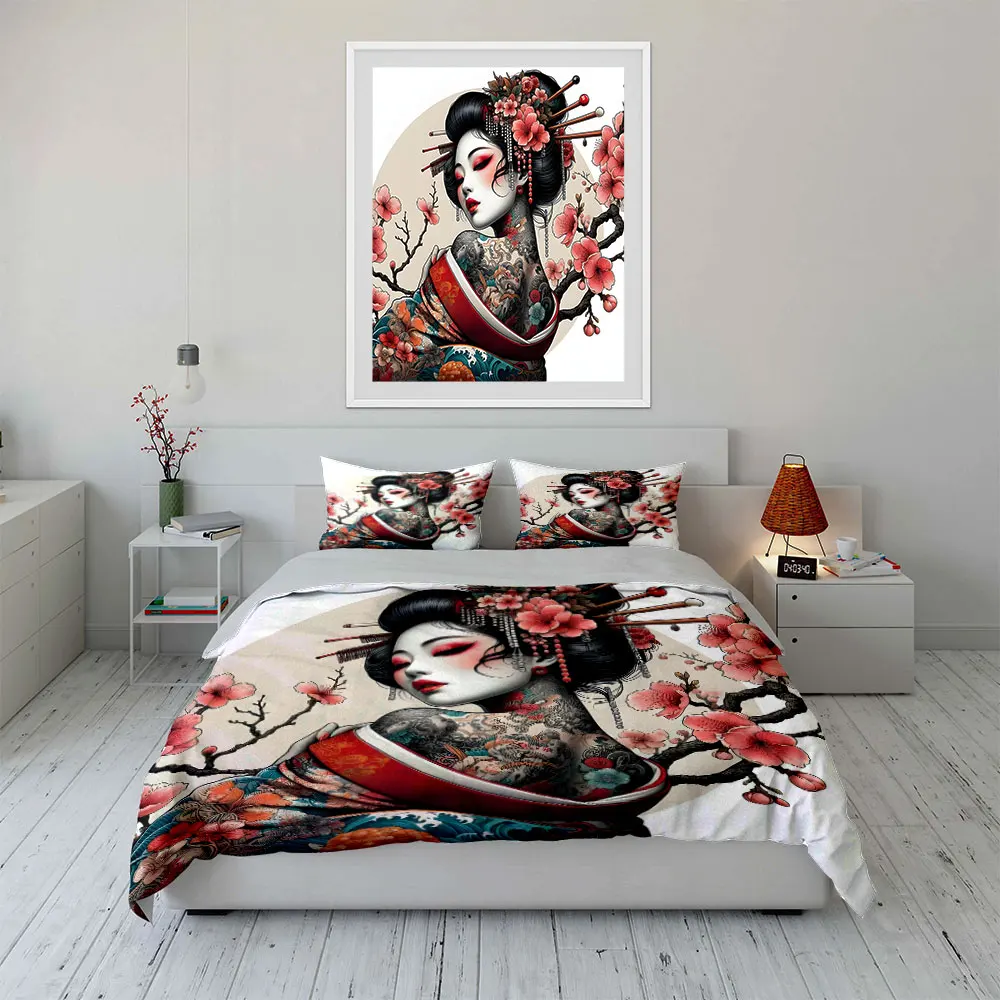 Geisha with tattoo and cherry blossoms Printed Duvet Cover Set1 Duvet Cover+2 Pillowcase Multi Size Bedroom Bedding Decor 4