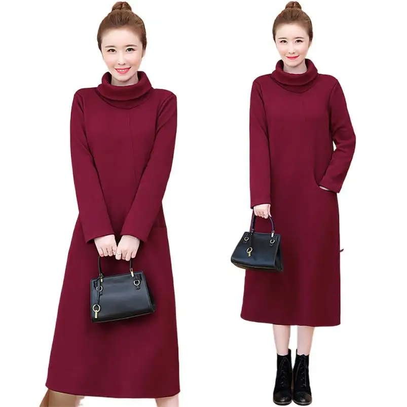 

Women Thicken Cotton Warm Winter Long Dress Turtleneck Pullover Ladies Solid A-Line Dress With Pocket fairycore