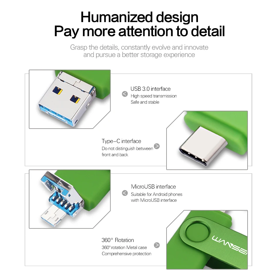 WANSENDA USB TYPE C USB 3.0 Flash Drive Pen Drive 512GB 256GB 128GB 64GB 32GB High Speed Pendrive USB C & MicroUSB Memory Stick