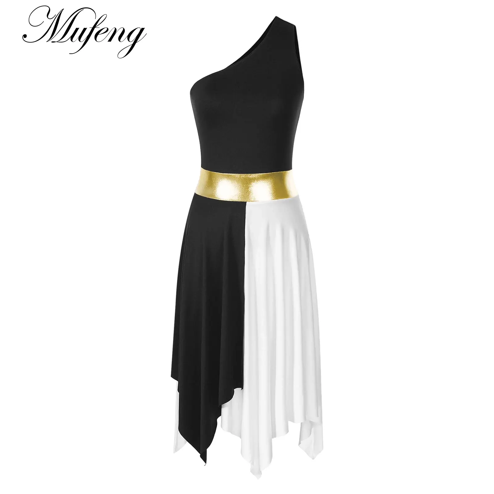 

Women Ballet Dress Modern Lyrical Dance Costume OneShoulder Contrast Color Patchwork Asymmetrical Gymnastics Leotard Dance Dress
