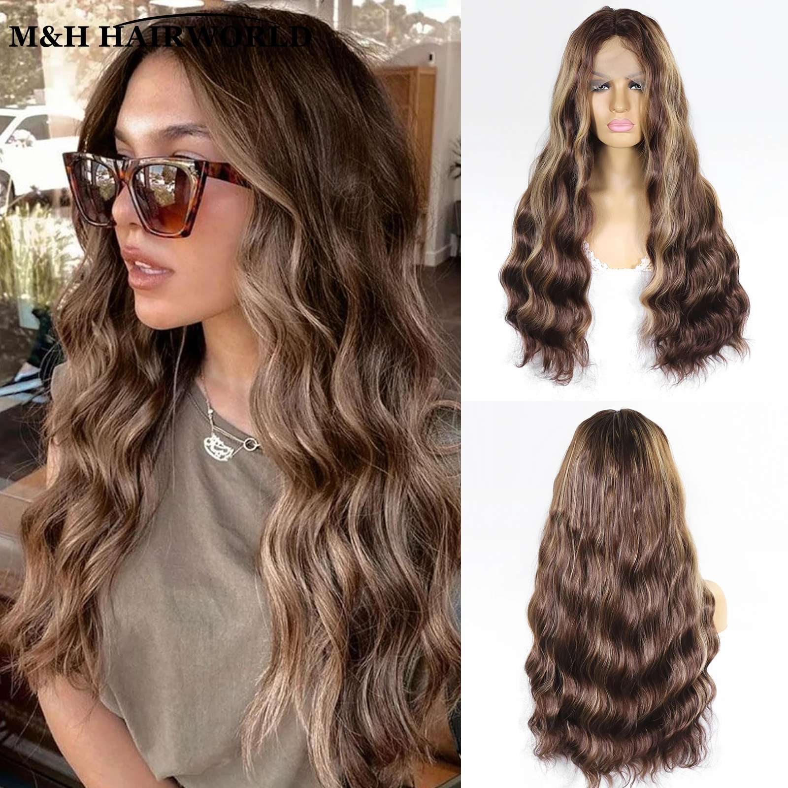 

Brown Blonde Highlight Synthetic Hair Lace Front Wigs For Women Long Curly Wavy Wig Glueless Lace Frontal Wigs for Daily Use