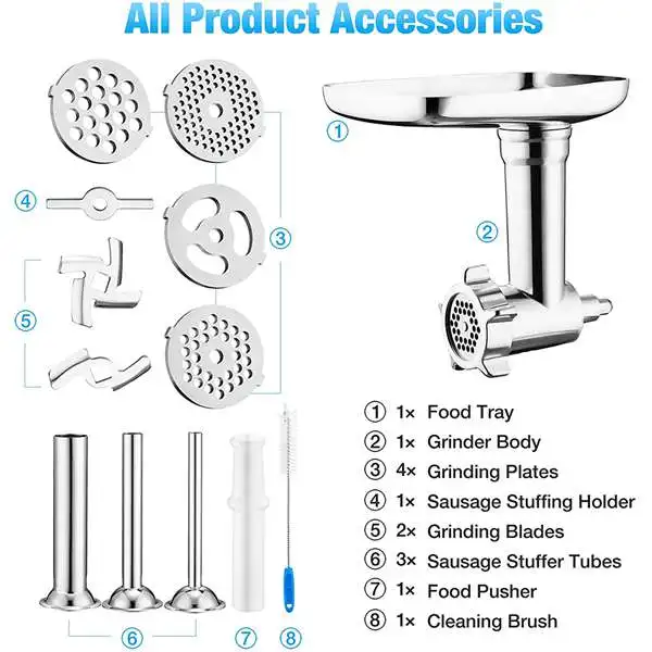Accessorio Tritacarne Per KitchenAid - Con 3 Tubi Per Salsicce E 5 Dischi In Acciaio