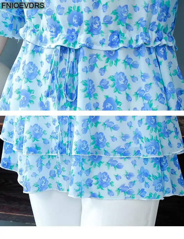 S-4XL Loose Clothes 2023 Women Summer Short Sleeve Elegant Ruffles Shirts Casual Chiffon Floral Tunic Peplum Tops And Blouses