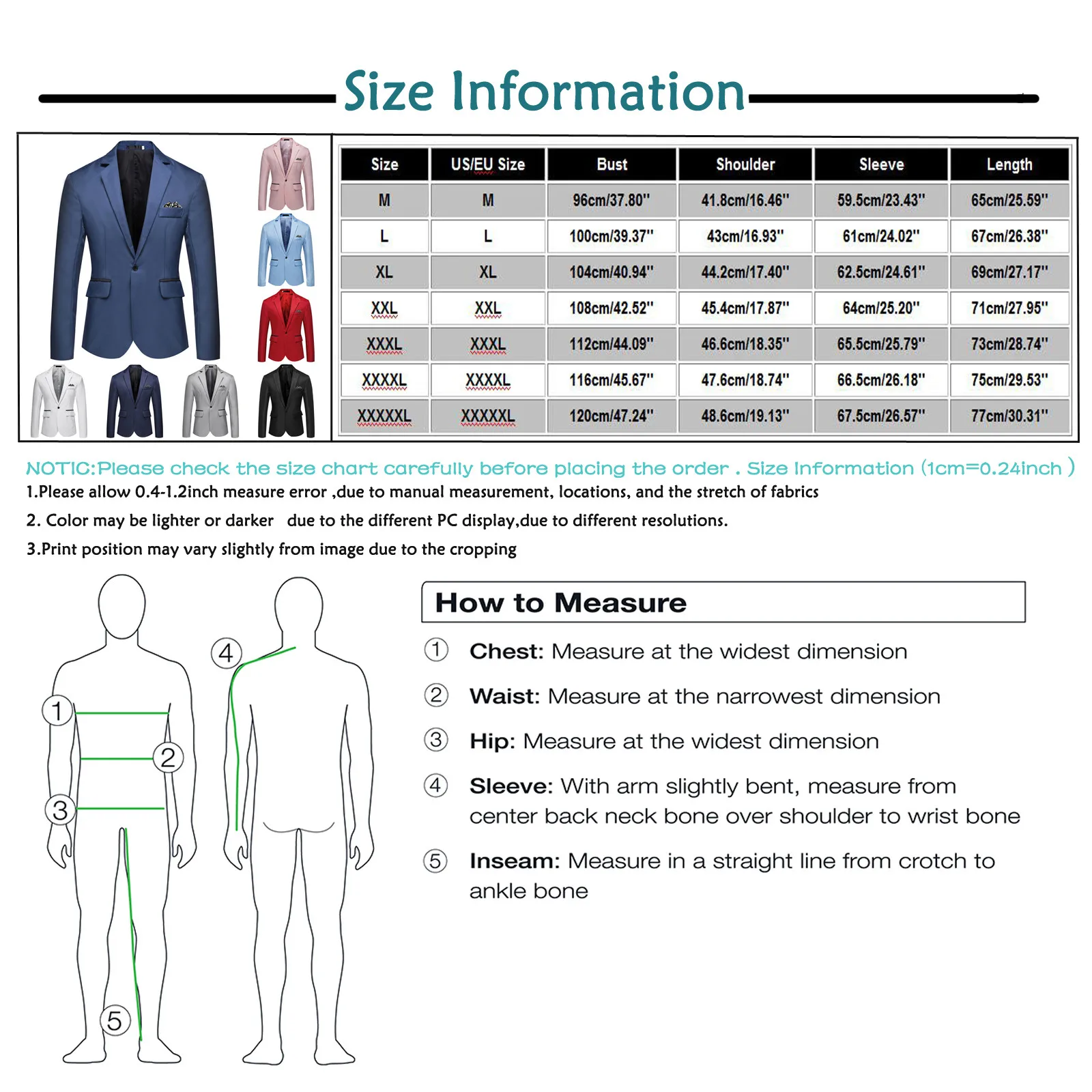 Men Blazer Classic Slim Fit Solid Color Suit Jacket
