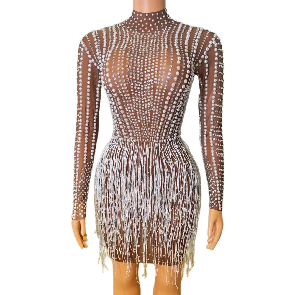 

Brown Shining Pearls Tassel Long Sleeves Sexy Sheath Dress For Women Evening Prom Clothing Party Stage Singer Costumes