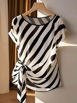 Women's Striped Print Tie Side Blouse, Casual Short Sleeve Round Neck Top for Summer, Ladies Clothes for Daily Wear 1