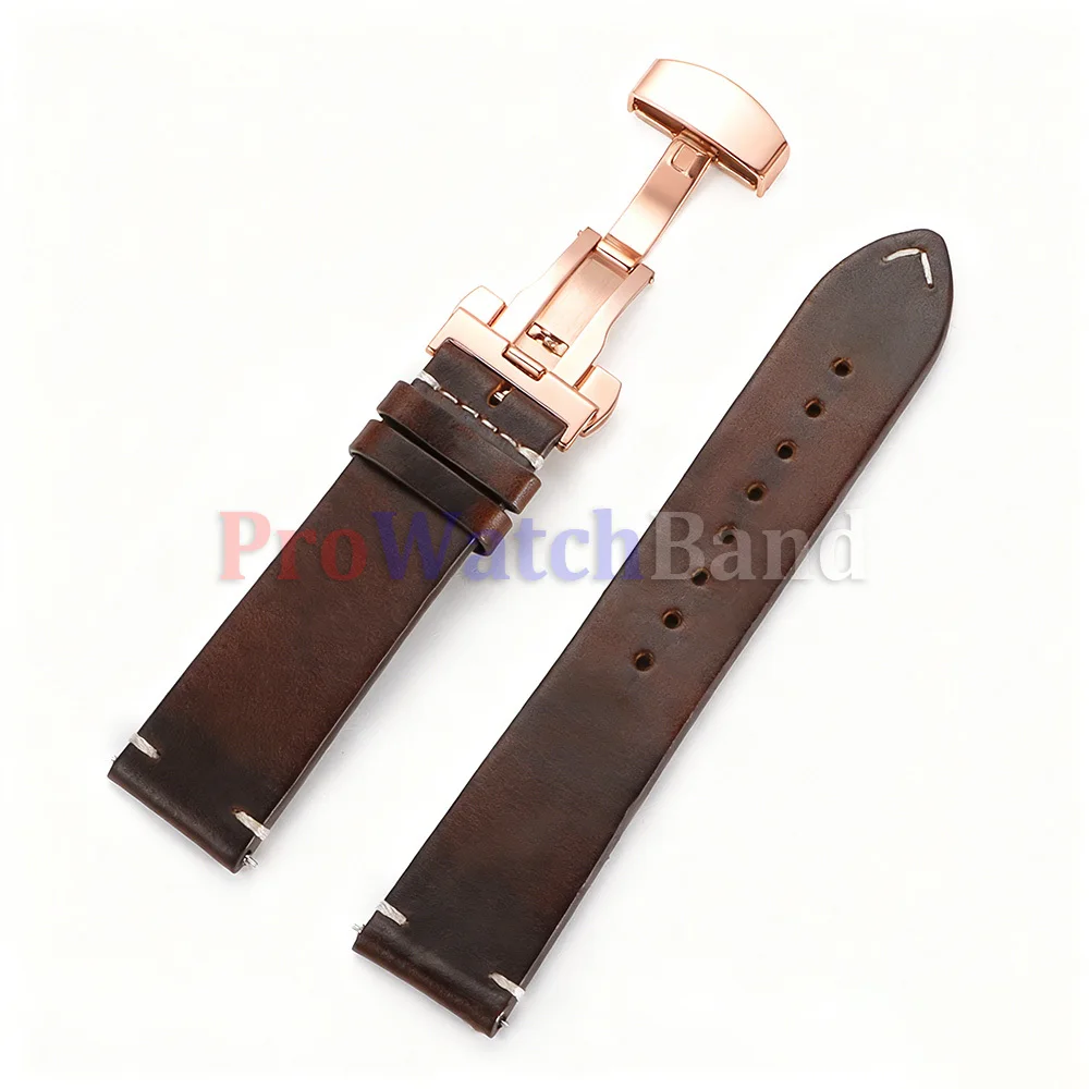 Vintage Soft Oil Wax Cowhide Watch Strap with Butterfly Buckle - Quick Release
