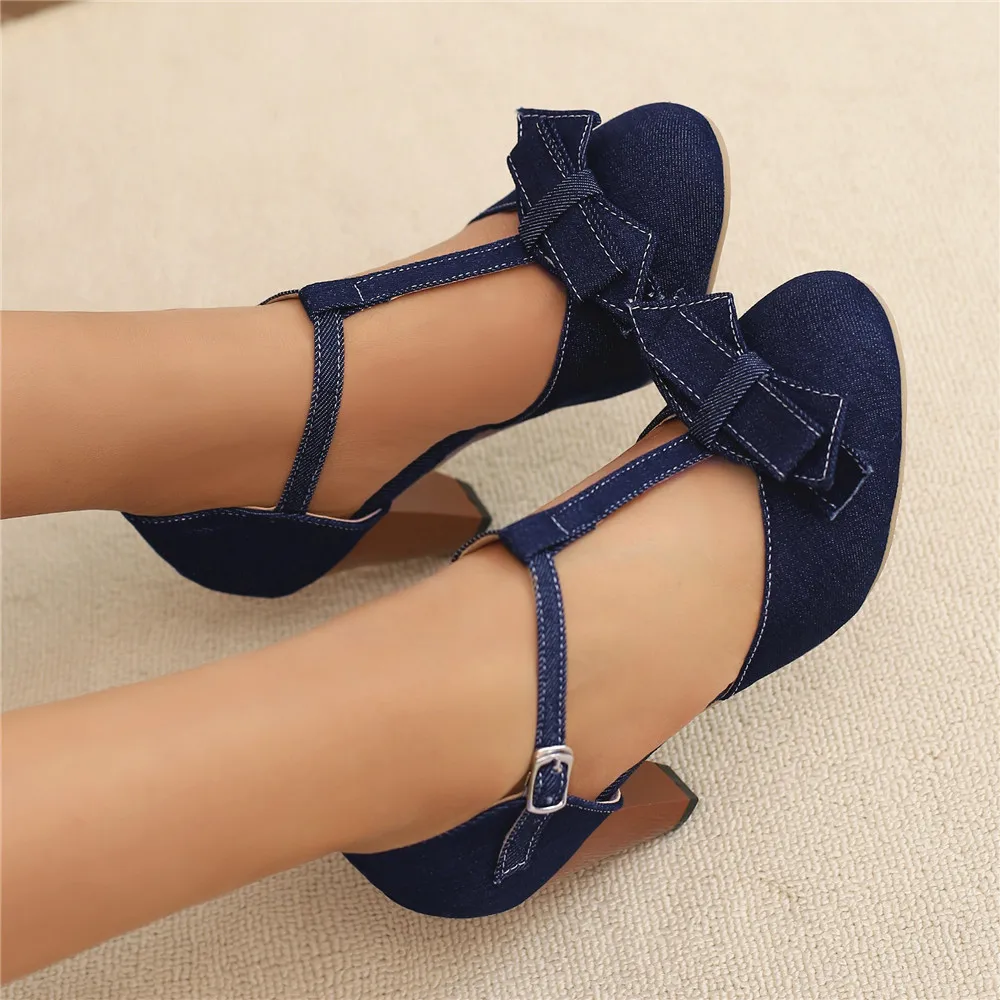 2024 Spring Summer Girls High Heel Shoes Denim Women's Pumps T-Buckle Fashion Spike Heels High Heels for Office Party Banquet