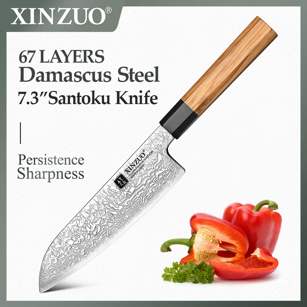 

New XINZUO 7.3" Inch Santoku Knife Custom 67 Layers Damascus Steel Vegetable And Fruit Cutting Tools With Olive Wood Handle