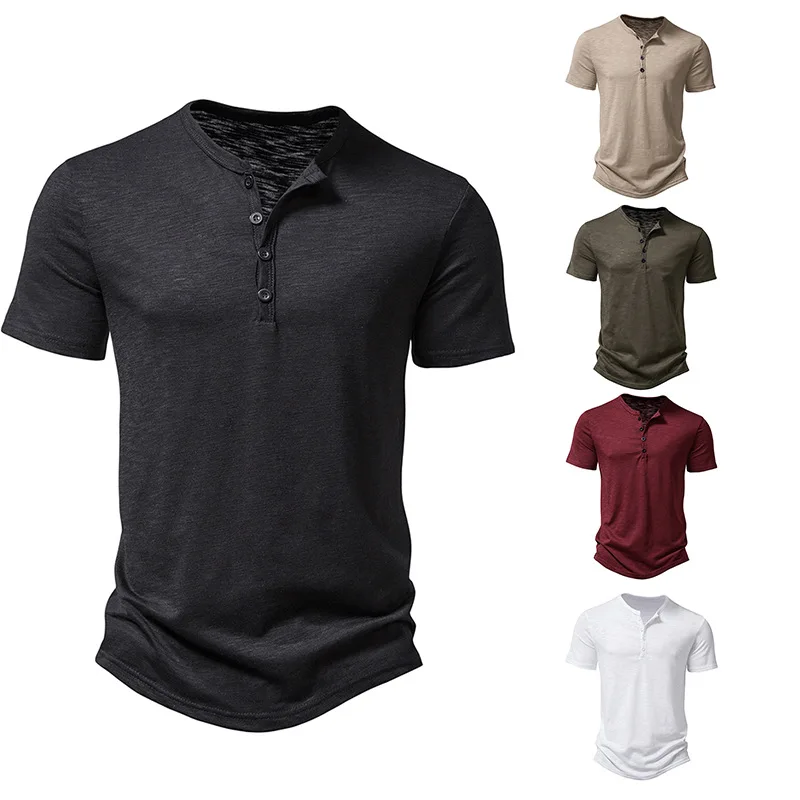 

Summer New Mens Henry Collar POLO Shirt European Size Solid Color Casual Short-sleeved T-shirt Button Decoration Personality Top