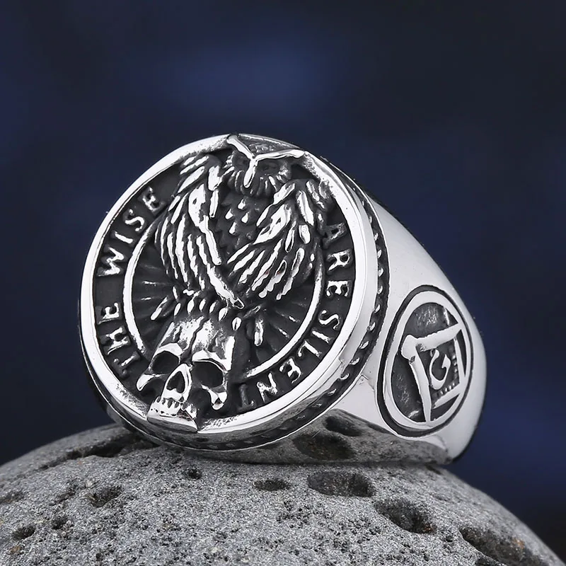 Dropshipping Gothic New 316L Acciaio Inossidabile Viking Freemansonry E Raven Skull Ring Per Uomo Animal Jewelry Boyfriend Gift