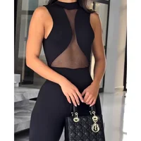 Sexy Women's Summer Mesh Hollow Out Jumpsuit Sleeveless Romper with Sheer Lace Panel High Waist Casual Wide Leg Pantsuit Outfit - Image 2