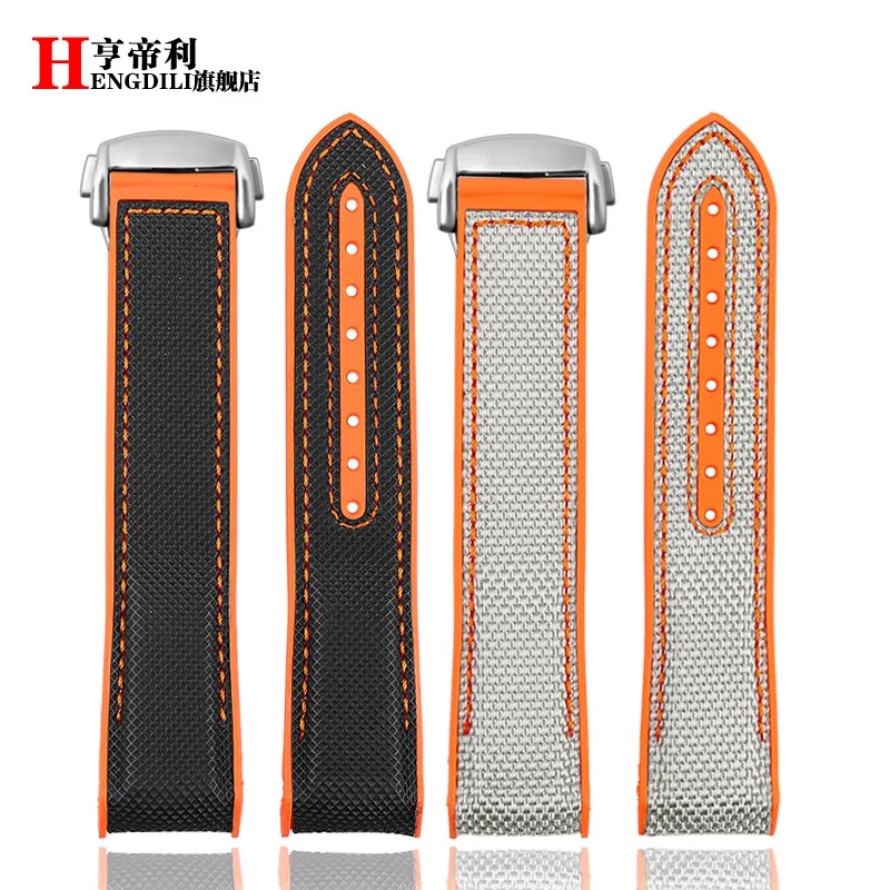 Multicolor Curved End Strap in Fabric & Nylon Rubber, 20mm/22mm Men's Watch Band