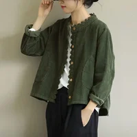 Loose Fit Long Sleeve round Neck Corduroy Lace Trimmed Spring Jacket plus Size Versatile Short Outerwear Pure Color