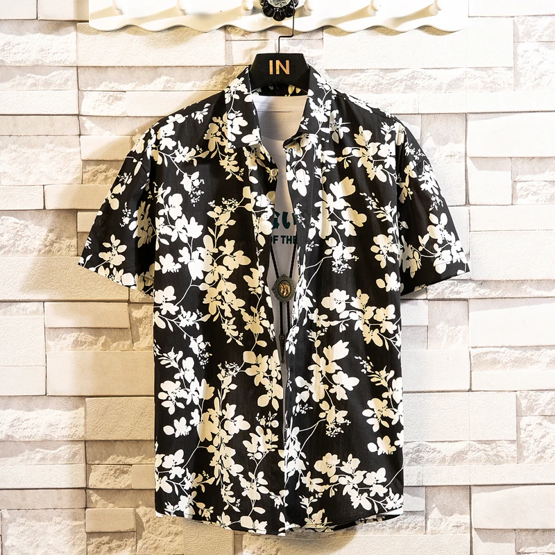 

Summer Casual High Quality Cotton Mens Hawaiian Shirt Printed Short Sleeve Big Size Vintage Hawaii Men Beach Lapel Floral Shirts