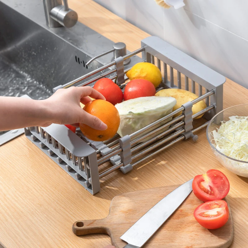 Retractable Stainless Steel Sink Strainer Drain Vegetable Fruit Drainer Basket Rack Storage Tool Sink Filter Rack Shelf