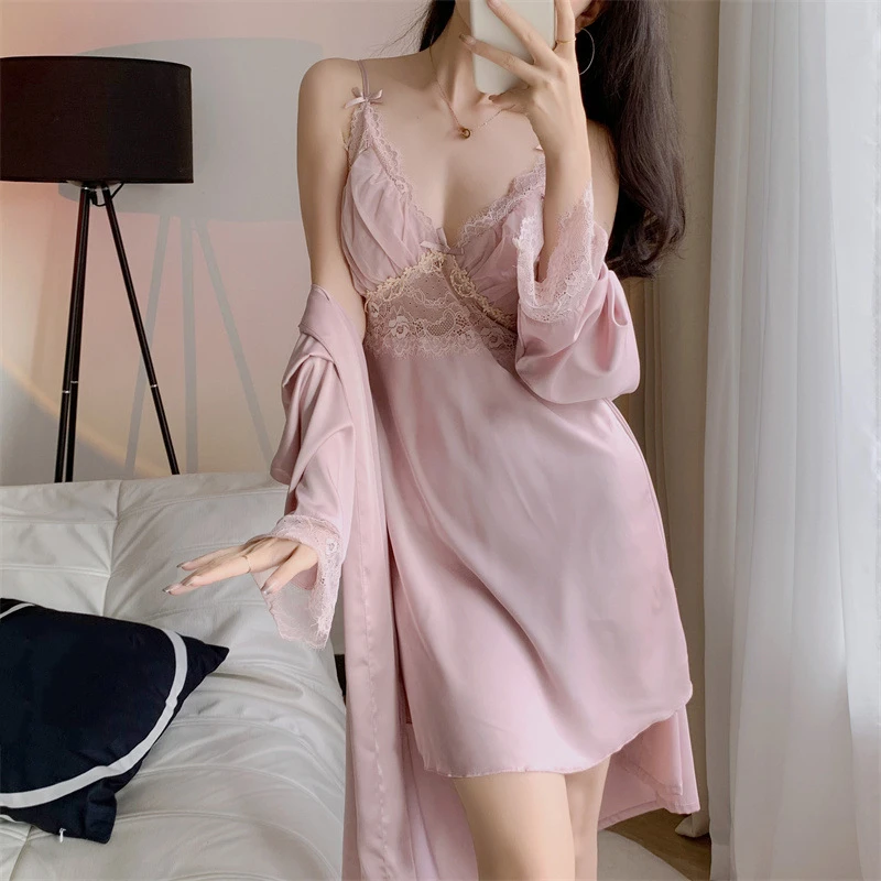 

Комплект женский кружевной из 2 предметов, пикантная Розовая Атласная Ночная рубашка-кимоно, халат с нагрудными подушечками