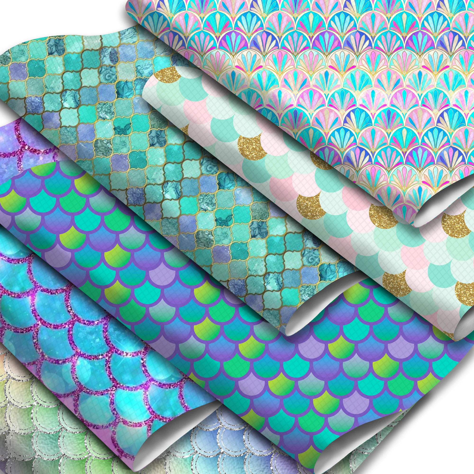 Rainbow Color Faux Leather Sheets Mermaid Fish Scale Pattern Printed Synthetic Leather Roll for Earrings Hair Bows Crafts