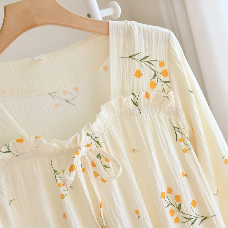 Spring and summer 2024 new women's nightdress 100% cotton long-sleeved skirt square neck lovely flower large household skirt