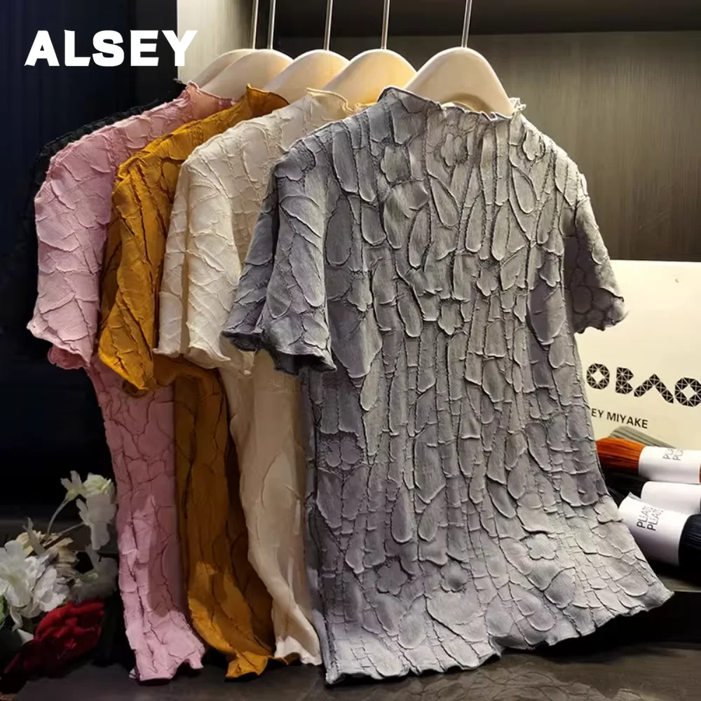 

ALSEY Miyake Pleated Designer Bark T-shirt Spring Summer Top for Women Casual Solid Office Ladies Loose T-shirt Vintage Clothing