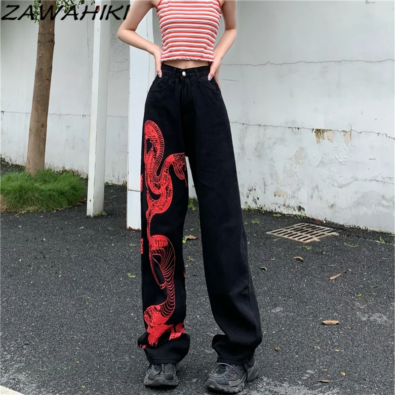 

Black High Waist Jeans Women Summer Streetwear Vintage Fashion Loose Wide Leg Graphic Print Straight Casual All Match Denim Pant