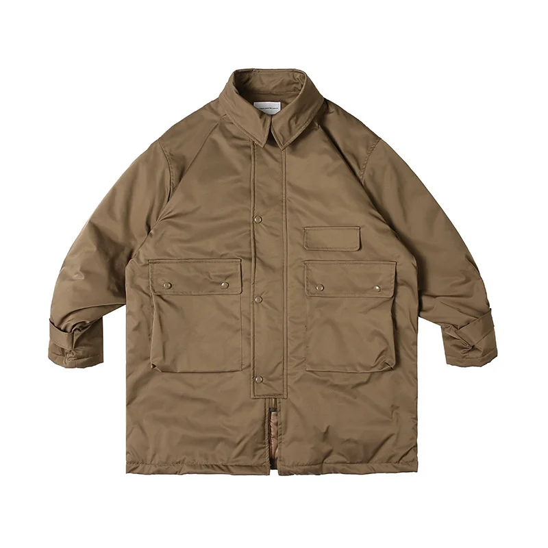 

Winter Large Pocket Lapel Cotton Padded Jacket Loose Medium Length Overalls Outdoor Trekking Camping Coat Tooling Windbreakers