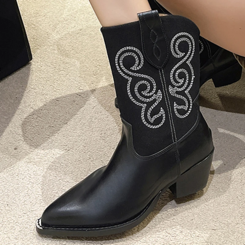 2023 High Quality Shoes for Women Pull on Mid Tube Women's Boots Mixed Colors Pointed Toe Chunky Heel Western Women's Boots