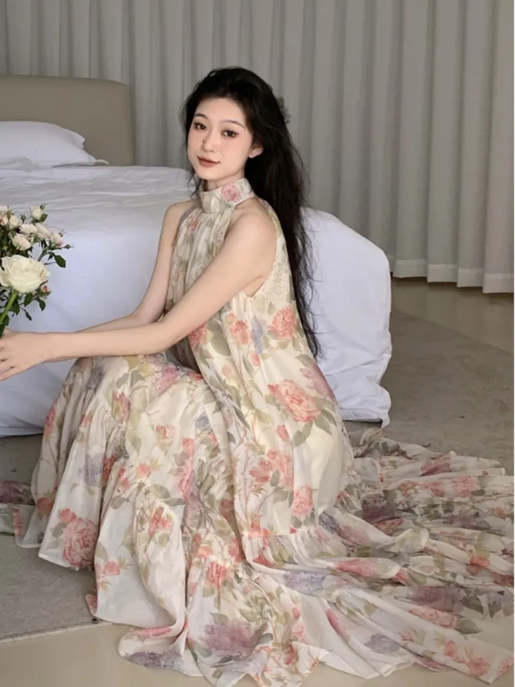 Women Elegant Floral Print Maxi Dresses Summer New Fashion Sleeveless Loose  Ruffle Y2k Dress Beach Birthday Party Robe - AliExpress