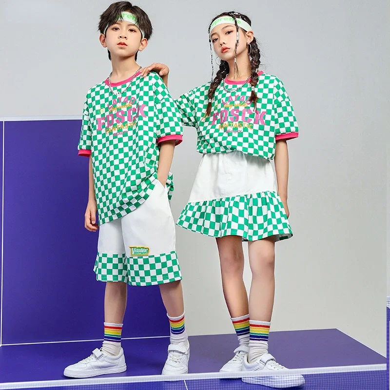 

Girls Hip Hop Cool Plaid T-shirt Street Dance Skirts Boys Tee Patchwork Shorts Child Jazz Clothes Sets Kids Summer Costumes