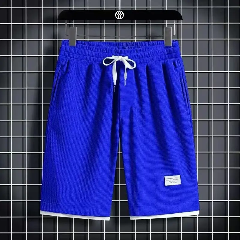 2024 Summer New Straight Pants Minimalist Men's Solid Color Drawstring Elastic High Waisted Spliced Pockets Loosecasual Shorts
