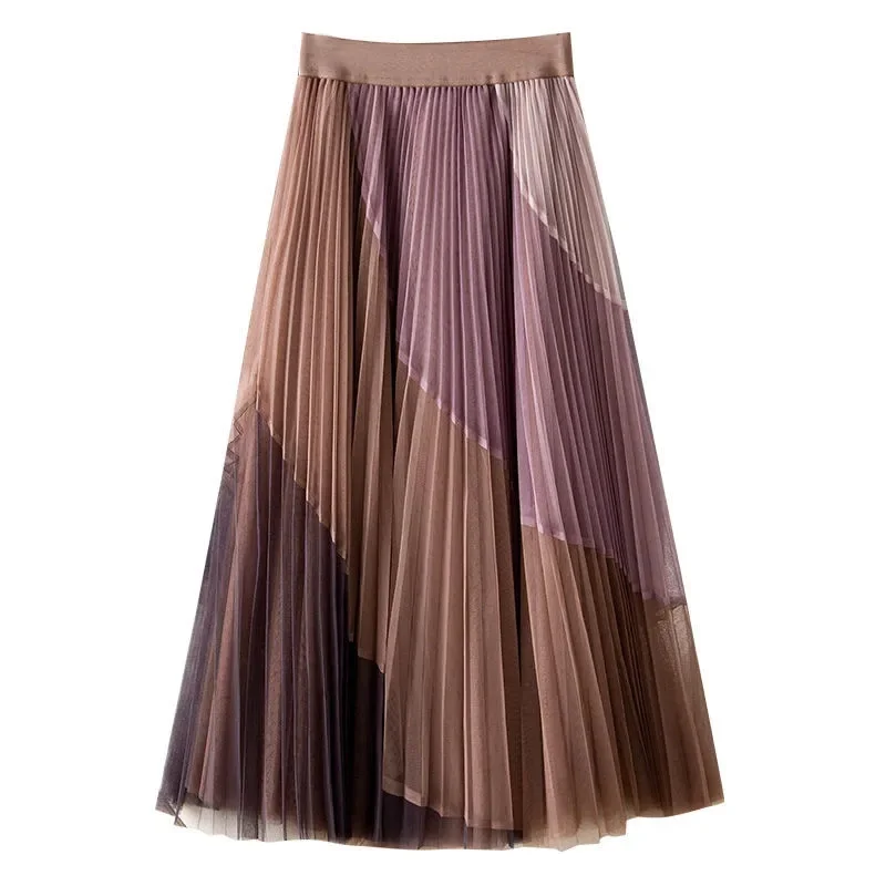 black midi skirt 2022 Spring Women New Pleated Digital Printing Mesh Skirt Female High Waist Thin Elastic Waist Mid Length Large Swing Skirt slazenger skort Skirts