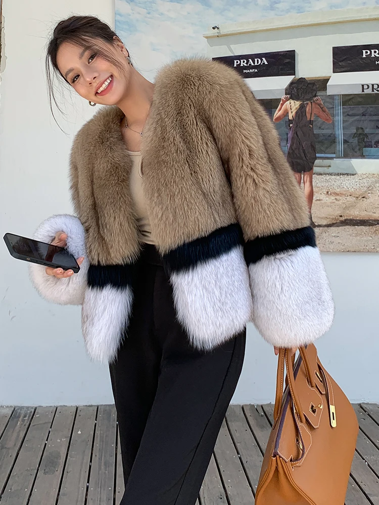 

2023 Winter Celebrity Women Real Fox Fur Coat For Women Vintage Brown Patchwork Natural Fox Fur Thicker Warm Outerwear JD11