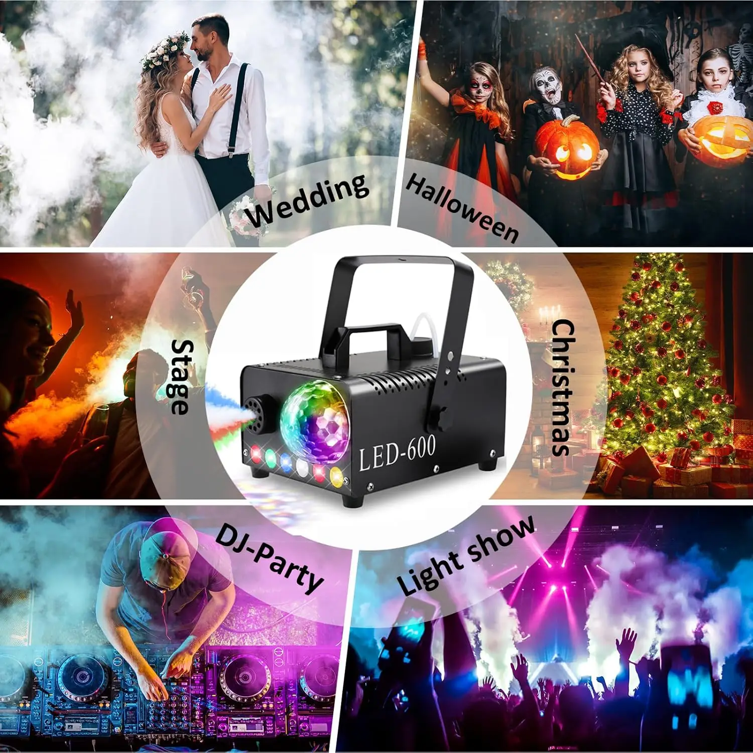 Smoke Machine 1200W with 6 Colored LED Bulbs, Fog Machine RGB Effect, 5600CFM Mini Smoking Machine with Remote Control for Parties, Weddings, Halloween and Stage Shows