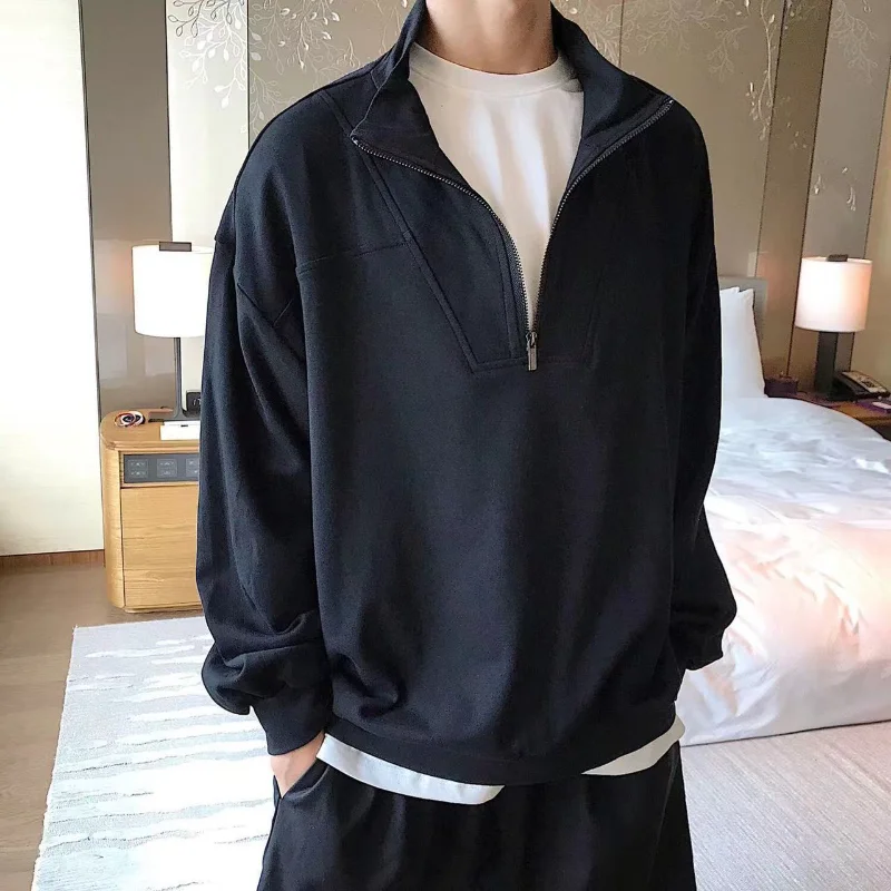 

Simplicity Spring Summer Button Up Collar Thick Sweatshirts Fashion Korean Popular Black Colour Zipper Dropped Shoulder Sleeve