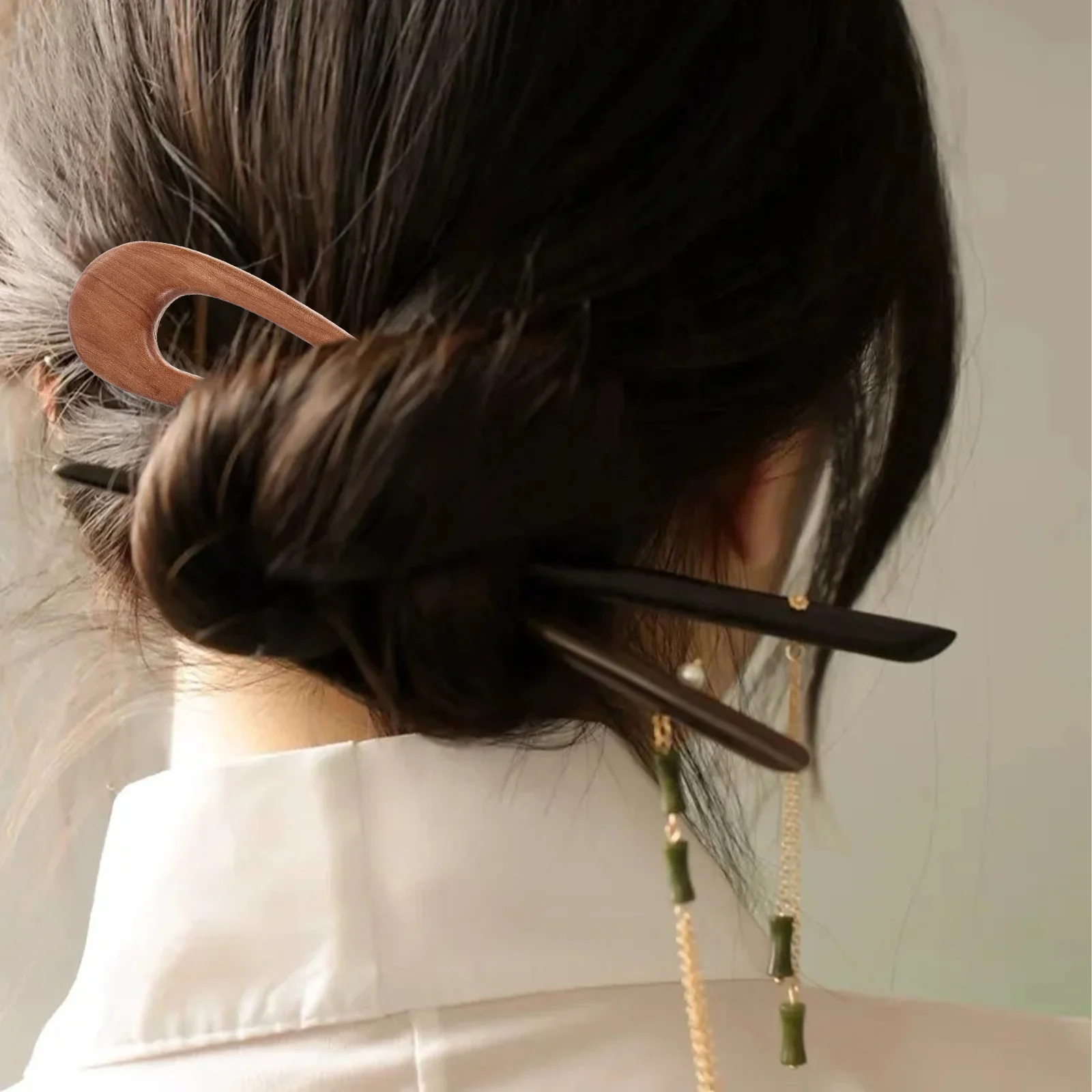 3 Pcs Hairpin Green and Black Sandalwood U-shaped Ancient Style Modern Simple 115cm 3pcs Miss Decorative 6