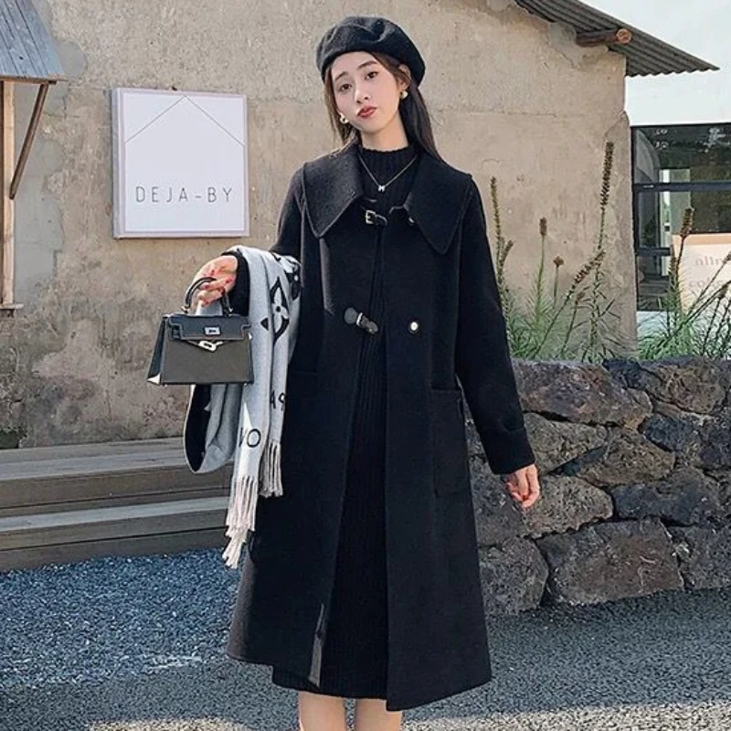 Hepburn Style Woolen Coat for Women, Elegant A-Line Loose Coat, Large Size, Black Outwear, Casual Versatile, Female Fashion, New